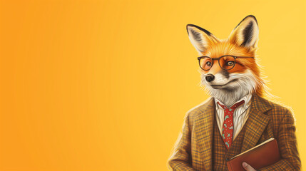 A Painting of a Fox Wearing a Suit and Holding a Book with copy space