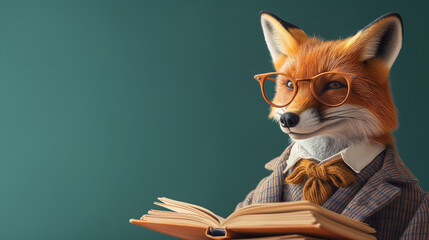 Fox Wearing Glasses and Suit Holding Book with copy space