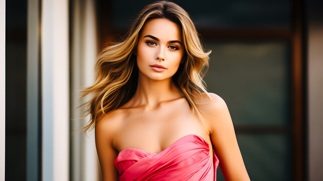 Femme blonde protant une robe bustier rose