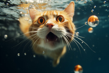 Funny and cute cat looking for fish in the water