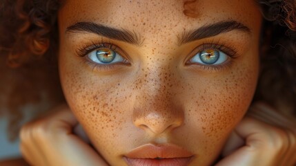 Aesthetic, facial and skincare cosmetic model girl touching cheeks for self-love and wellness. Portrait of black woman with healthy freckle skin texture.