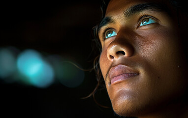This close-up photograph captures the striking features of a multiracial individual, showcasing their captivating blue eyes.