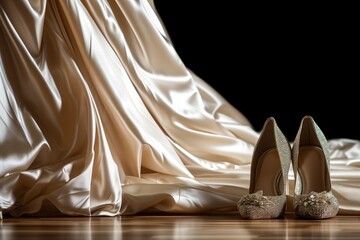 high heels beside a flowing satin prom dress