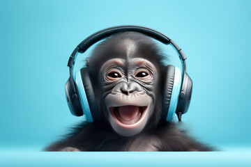 Smiling monkey baby with headphones, enjoys music on blue background.	