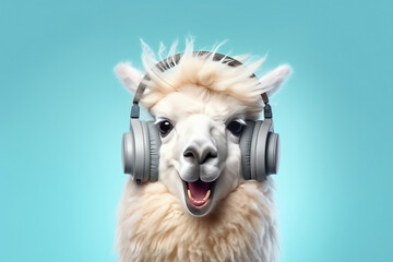 Smiling lama with headphones, enjoys music on blue background.	