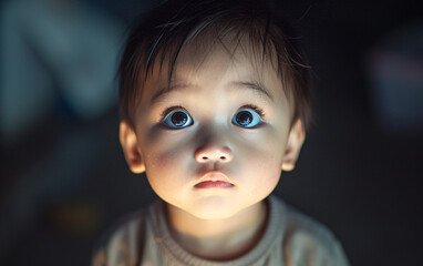 A portrait of a multiracial young child with intense blue eyes looking directly into the camera.