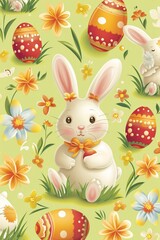 Watercolor illustration of easter theme with spring flowers plants, bunny and eggs	
