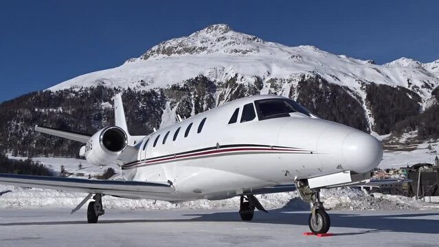 Business Jet Parked Mountain Background Snow Apron Executive Regional Airport 
