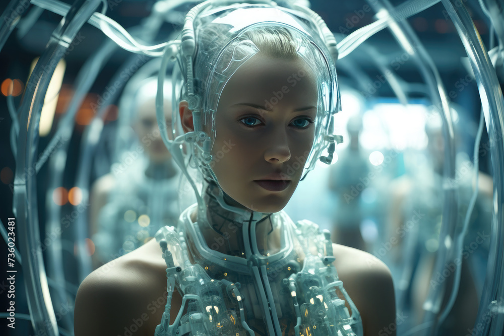 Poster futuristic robot woman. artificial intelligence.advanced robotics technology.deep learning algorithm