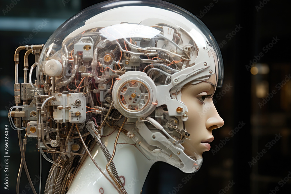 Poster view of female humanoid robot with wires inside of head.portrait of a female android robot.artificia
