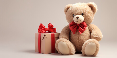 Cute teddy bear valentine's day cute gift for your wife girlfriend, Teddy bear holding a gift box sitting on red floor valentines day, 
