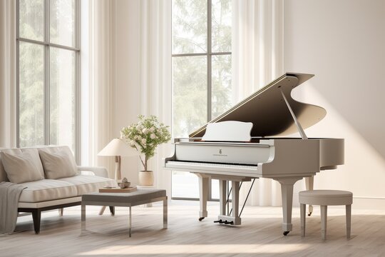 A modern living room interior design, featuring a white grand piano