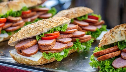 sausage sandwiches on a market counter