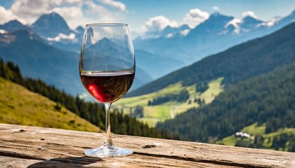 wine in a glass on a wooden table in the mountains - obrazy, fototapety, plakaty
