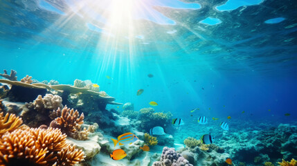 Fototapeta na wymiar Underwater view of a colorful sea coral reef with fishes. Ocean ecosystem. Generative AI