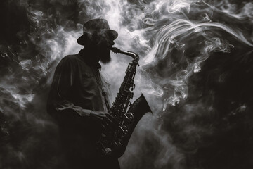 A silhouette of a saxophonist on a black background with smoke. - obrazy, fototapety, plakaty