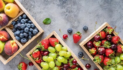 summer fruit and berry variety flat lay of ripe strawberries cherries grapes blueberries pears apricots figs in wooden eco friendly boxes over grey background top view copy space - Powered by Adobe