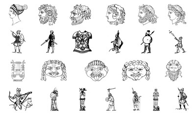 Classical greek art collection. statue and warrior icon mega bundle