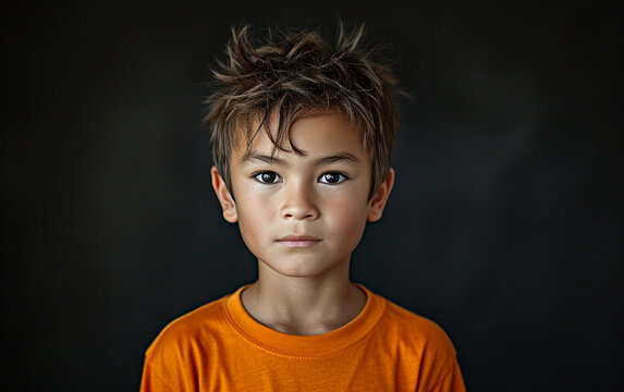 A portrait of a multiracial young boy wearing an orange shirt, facing the camera with his gaze.