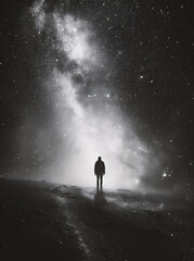 Silhouette of a man standing in the middle of the milky way
