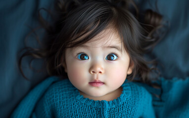 A photograph capturing a multiracial little girl with striking blue eyes as she peacefully lays on a bed. - Powered by Adobe
