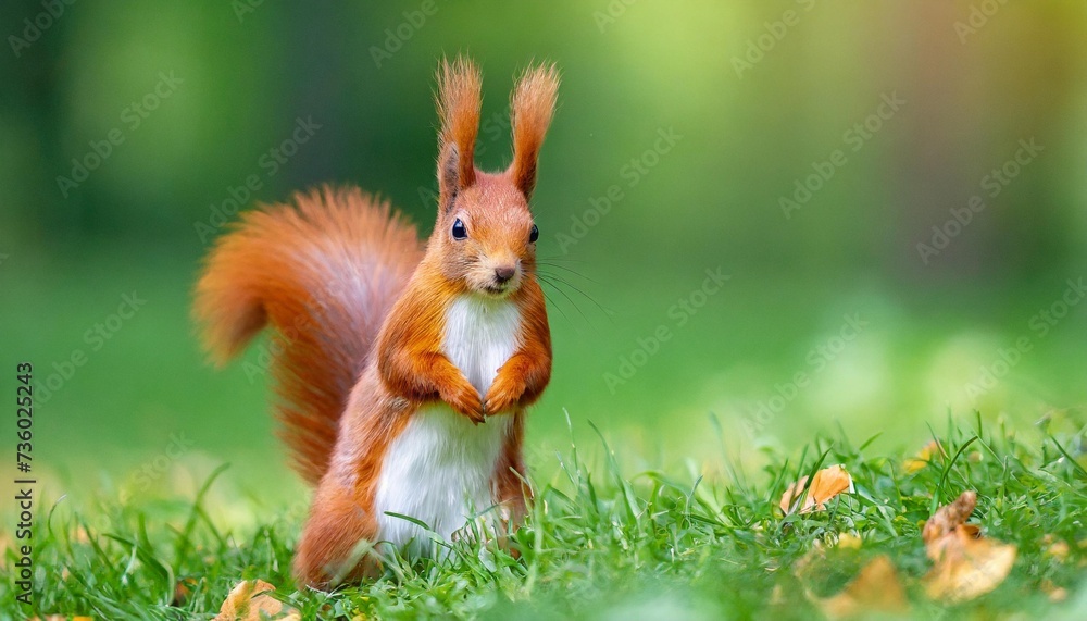 Wall mural red squirrel on green grass cute eurasian red squirrel sciurus vulgaris standing on its feet on green grass park with blurred out of focus background on sunny summer day - Wall murals
