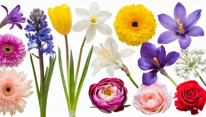 spring collection of flowers rose crocus hyacinth aster lily eremurus poppy phlox tulip daffodil gladiolus delphinium isolated on a white background - obrazy, fototapety, plakaty