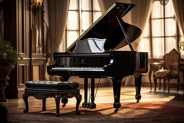 A classic music room, a grand piano taking center stage