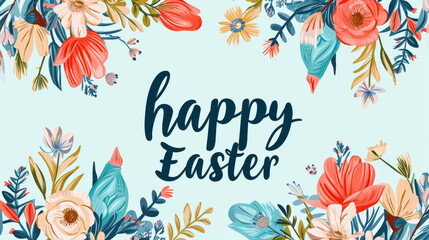 Elegantly written phrase happy Easter in the center. The lively colors and artistic design.