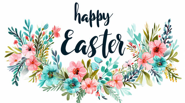 Easter lettering with colorful eggs, branches and flowers. Easter banner with text Easter. Greeting card on light blue background. A vibrant image showcasing a mix of beautifully illustrated flowers.