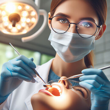 dentist working on a blurred clinic background