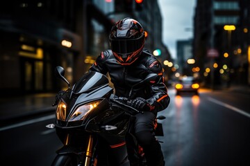 The sports driver sitting on racer bike with helmet Generative AI