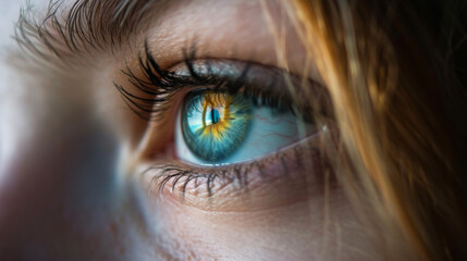 Fototapeta premium Green female eyes close-up. Blurred background, focus on the eye. A woman's gaze.