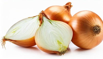 onion set isolated on white background whole bulbs and pieces - obrazy, fototapety, plakaty