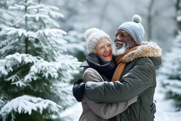 Obraz premium senior heterosexual African American couple in beautiful winter nature