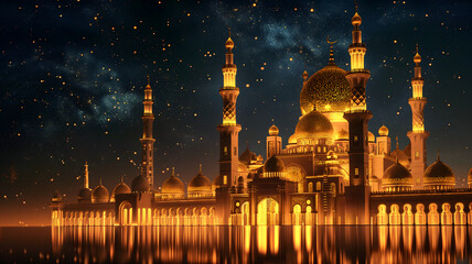 Ramadan mosque with starry night sky beautiful background, neural network generated image