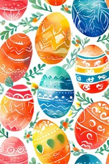 Watercolor illustration of easter theme with spring flowers plants and eggs	
