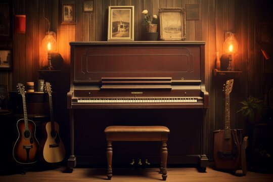 A vintage music studio with an upright piano with a wooden frame, vintage details