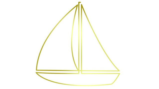 Animated golden yacht is drawn. Linear symbol of sailing boat. Concept of travel, recreation, voyage, regatta. Looped video. Line vector illustration isolated on white background.