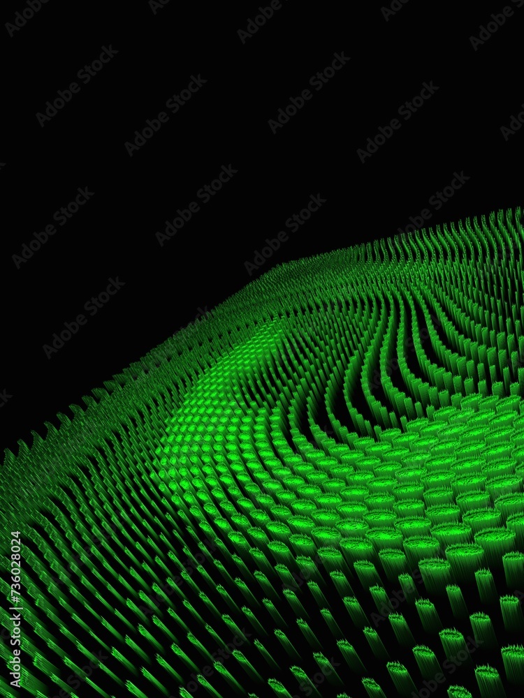Poster many bright green 3d columns arranged in rows towards far distant vanishing point on a black backgro