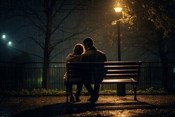 Fototapeta na wymiar Couple Embracing on Park Bench at Night