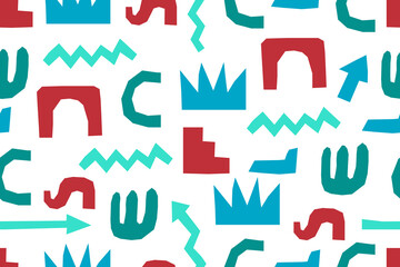 Seamless pattern with abstract cut out elements. Geometric shapes of green, blue, dark red color. Isolated elements on a white background. Naive shapes cut out of paper. Vector illustration.
