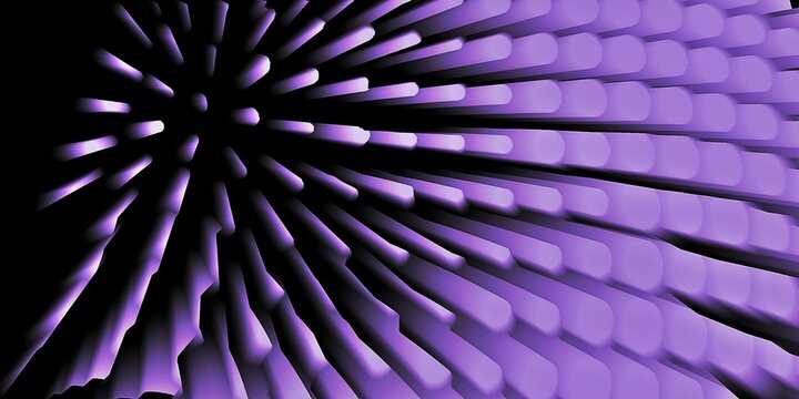 Bright lilac coloured 3d exploding columns in a curved design against a plain black background wide format