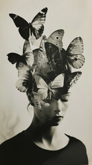 Trendy fashion magazine cover with a woman with butterflies on head and face. Black and white....