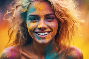 Happy tourist woman on holi holiday in india on the street wearing colored powder - obrazy, fototapety, plakaty