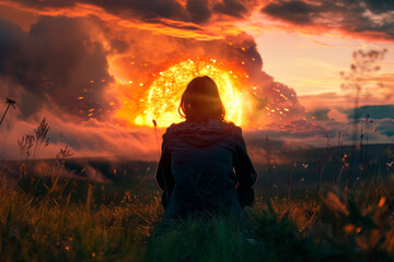 Rear view of a lonely woman is sitting on the grass watching an explosion.