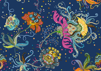 Obraz premium Fantasy, alien hypnotic flowers, decorative flowers and leaves. Cartoon style. Millefleurs trendy floral design. Seamless pattern, background. Outline hand drawing vector illustration.