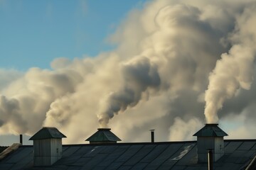 smoke billowing from factory rooftop vents