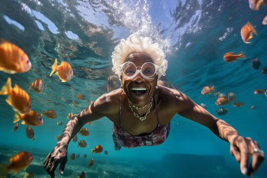 underwater photograph of an elderly woman having fun in her old age