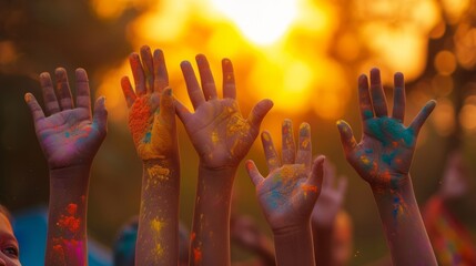 Human's hands raised up in colored powder during Holi festival in India
